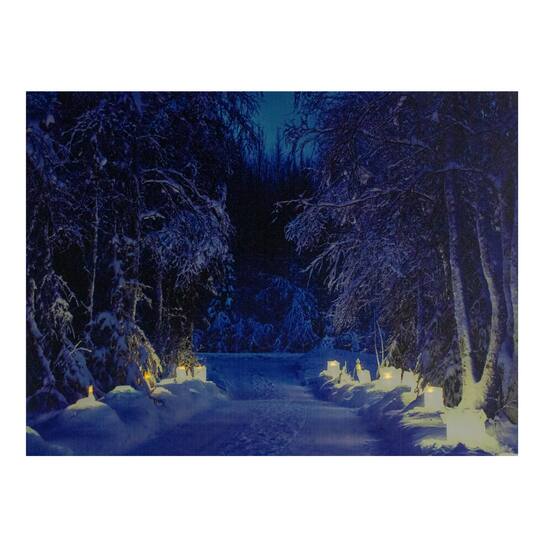 LED Lighted Nighttime In The Woods Winter Scene Canvas Wall Art